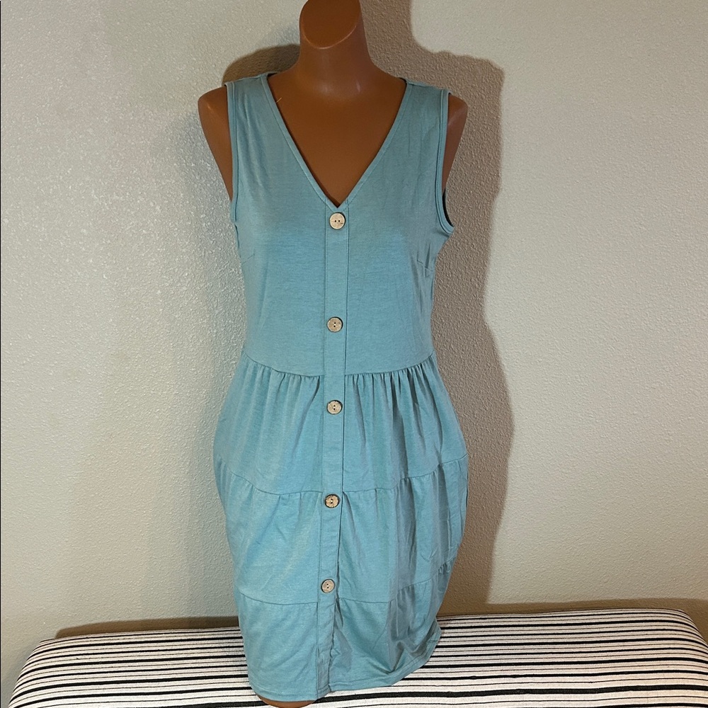 Sleeveless Blue Button-Down Dress